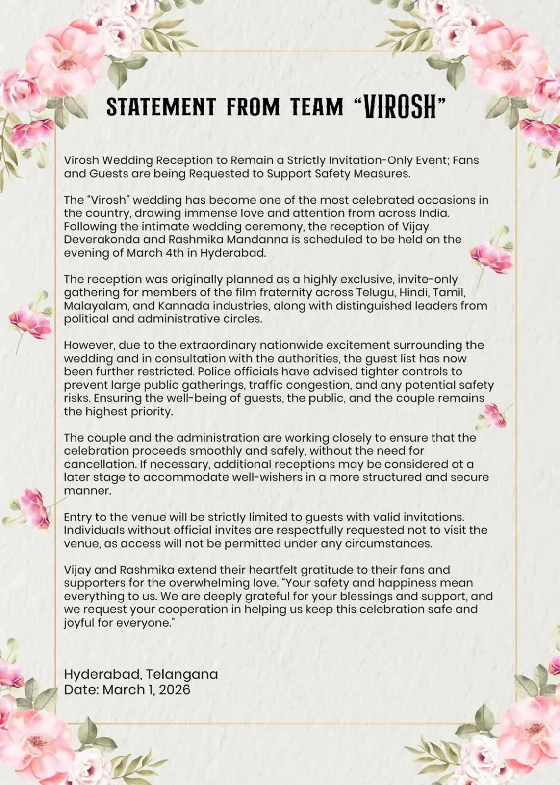 रश्मिका मंदाना-विजय देवरकोंडा के रिसेप्शन से पहले पुलिस अलर्ट!